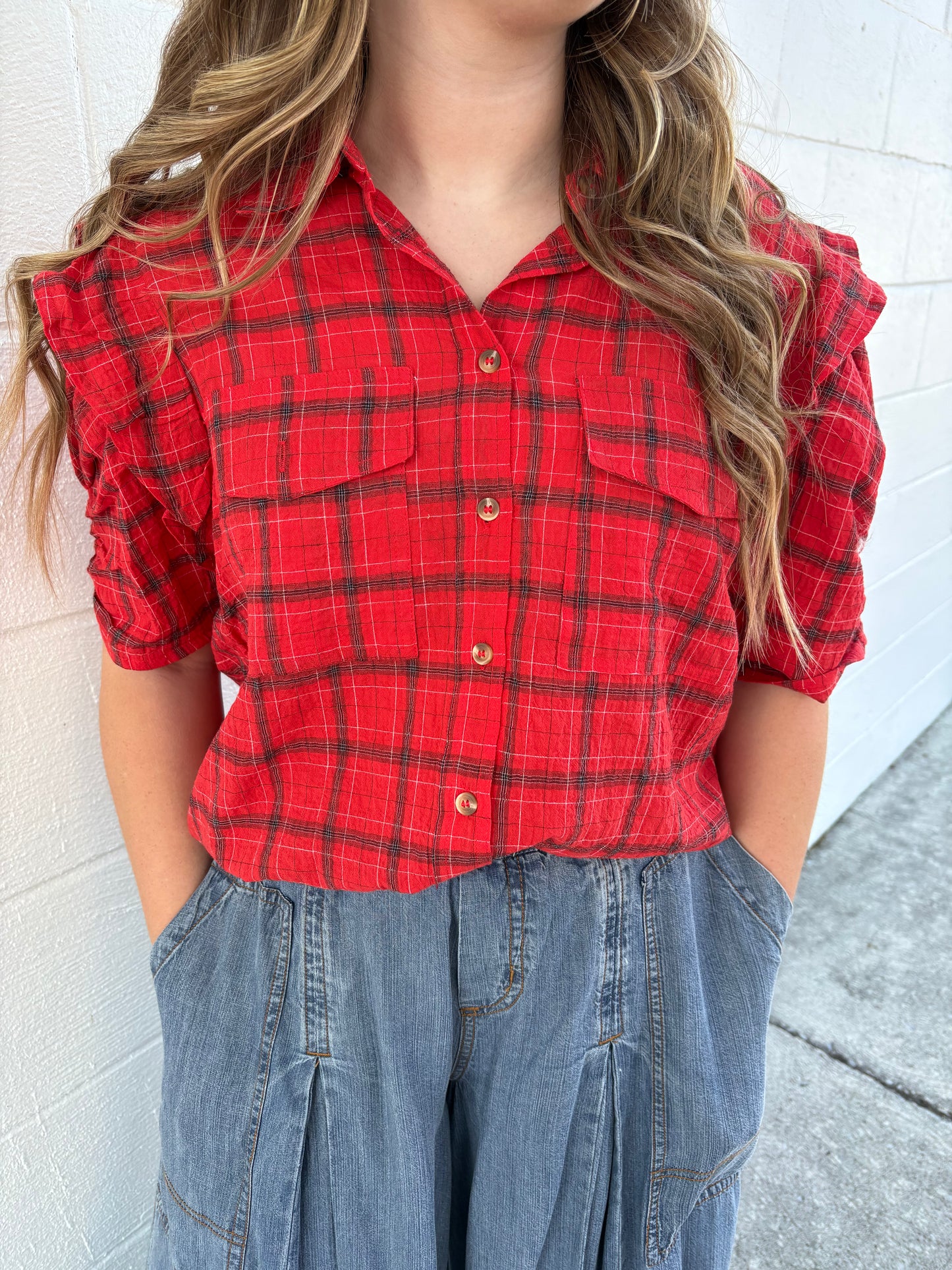 Easel Red Plaid Top