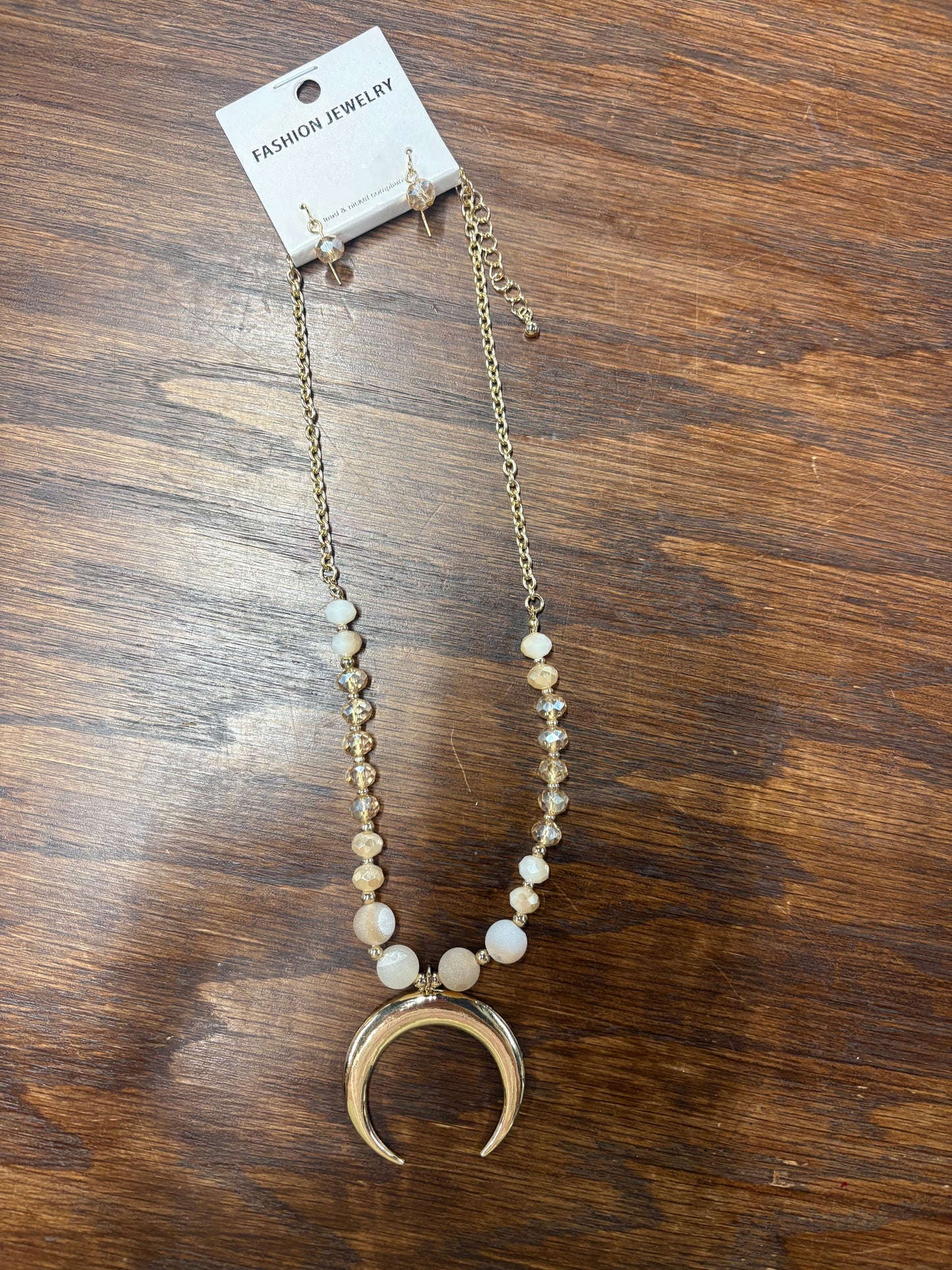 Gold Necklace with Crescent and Matching Earrings