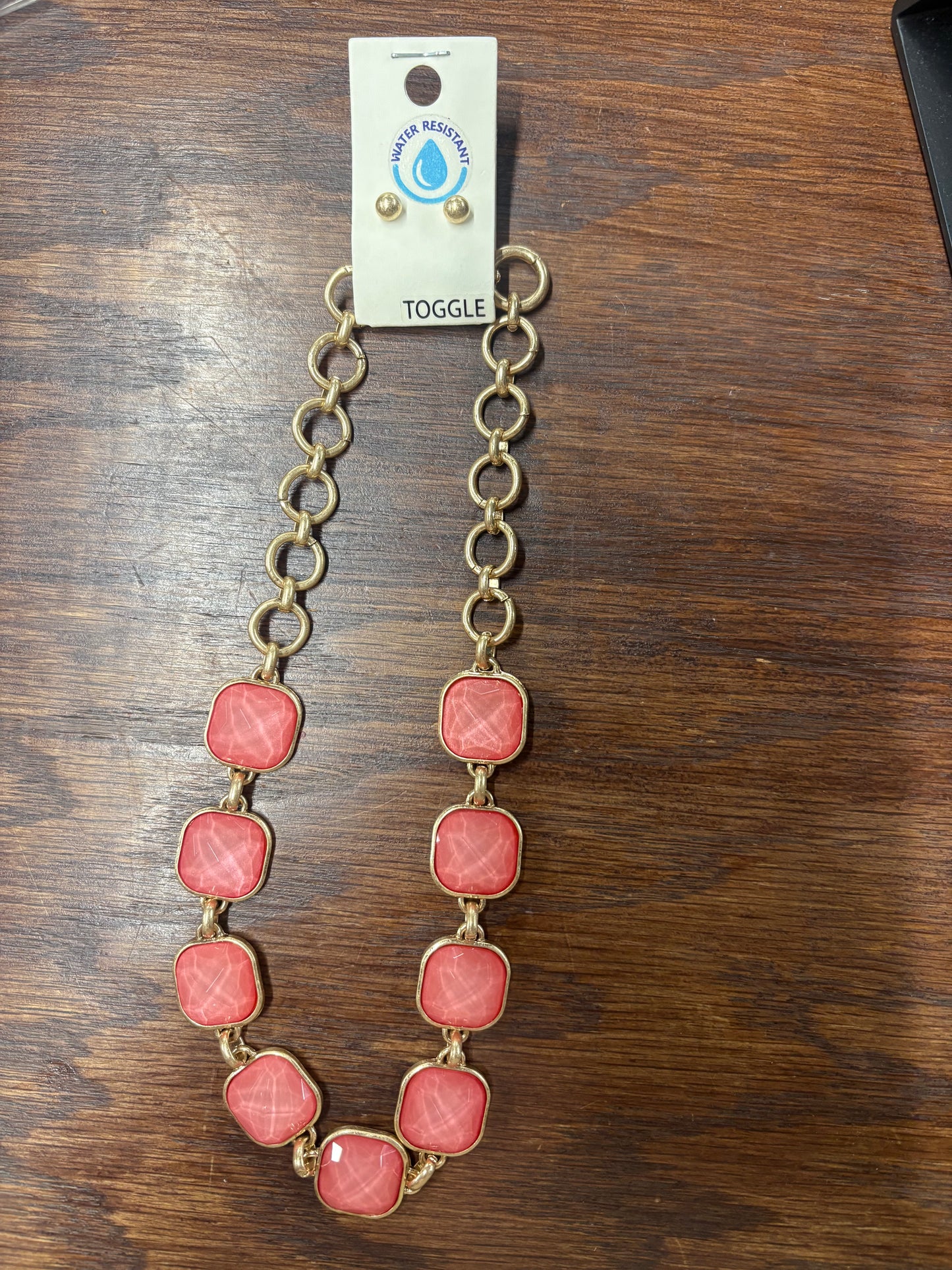 Glass GemStone Necklace- Coral with Earrings