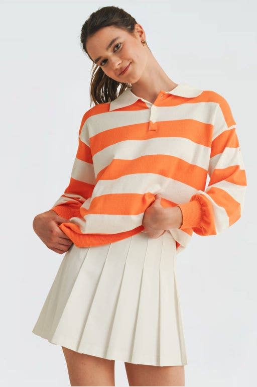 STRIPE COLOR CONTRACT COLLARED TOP