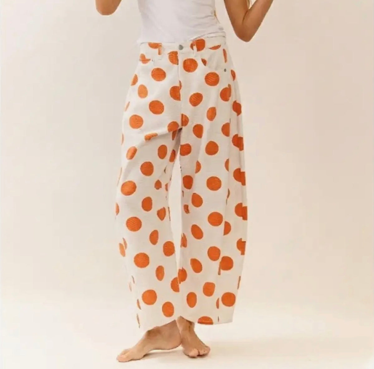 Oddi Orange and White Polka Dot Denim Pants