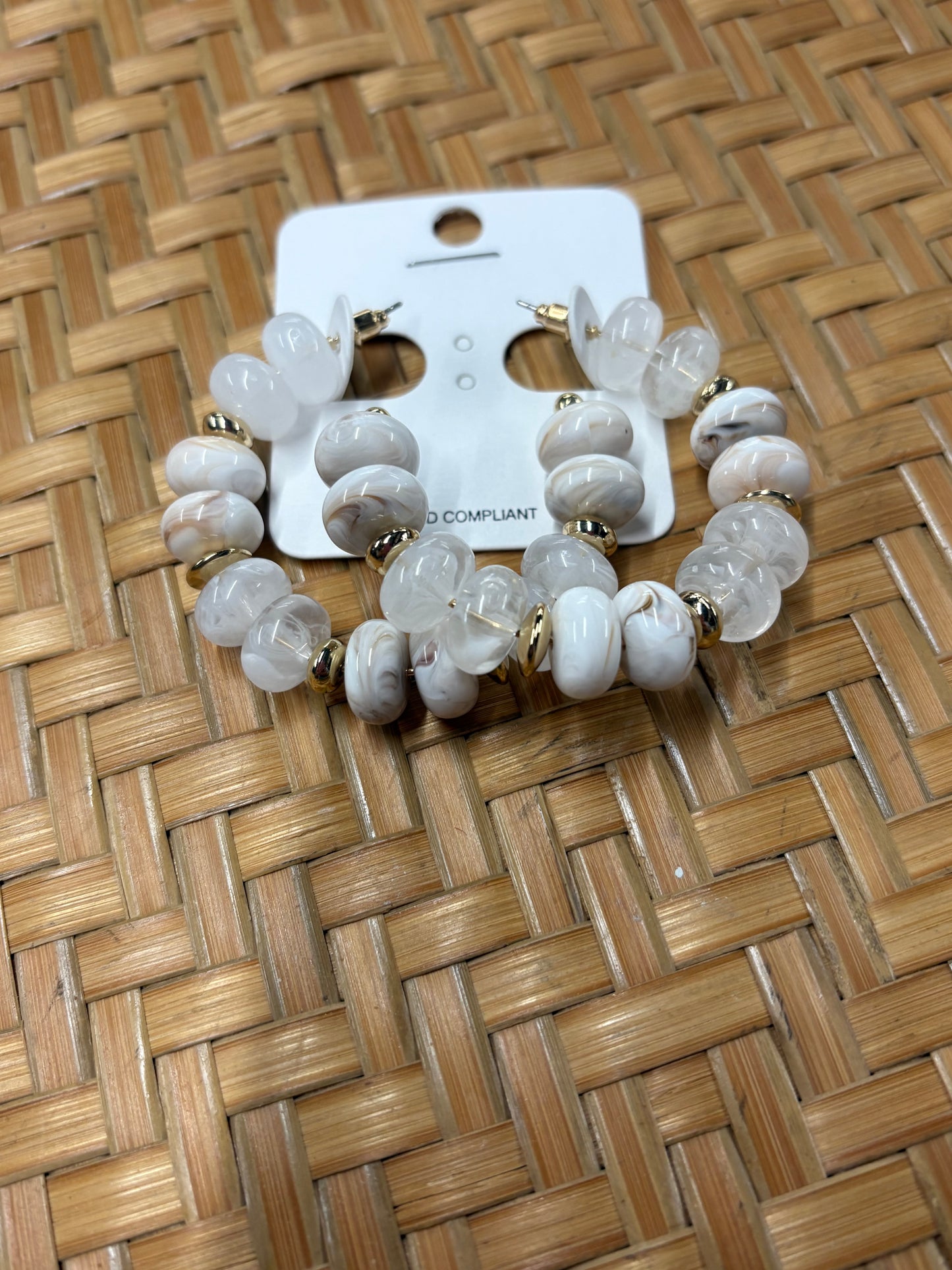 Marbled White with Gold Accent Beaded Earrings