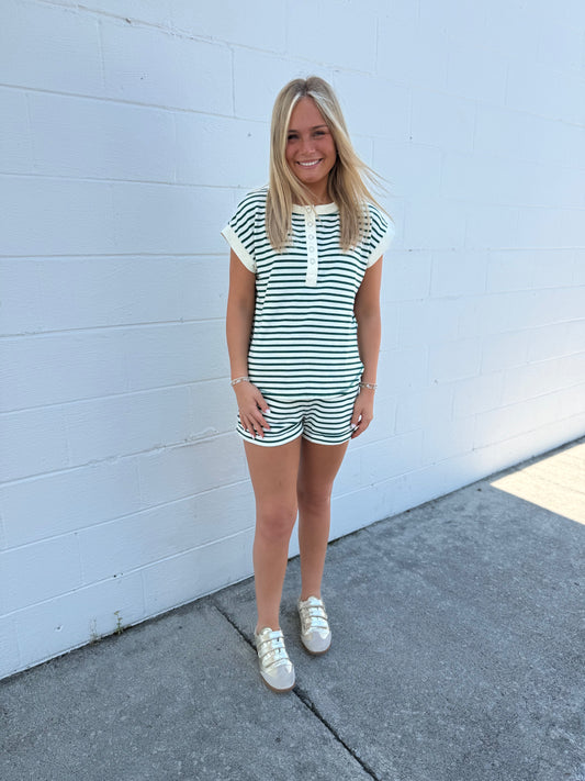 Green/ Cream Striped Shorts Set