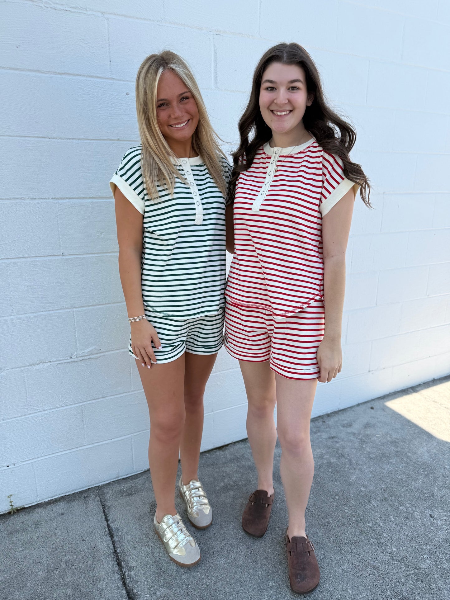 Green/ Cream Striped Shorts Set