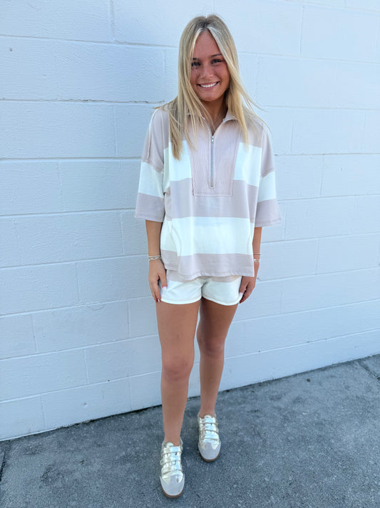 Beige/ White Mock Neck Shorts Set