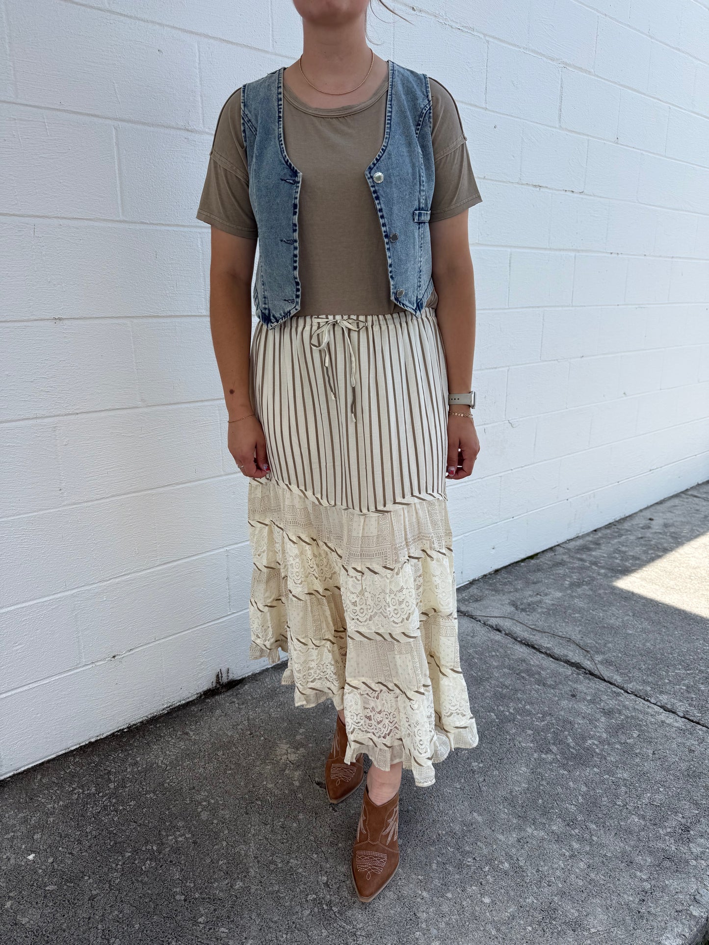 Easel-Taupe and Cream Striped Skirt