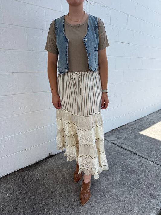 Easel-Taupe and Cream Striped Skirt