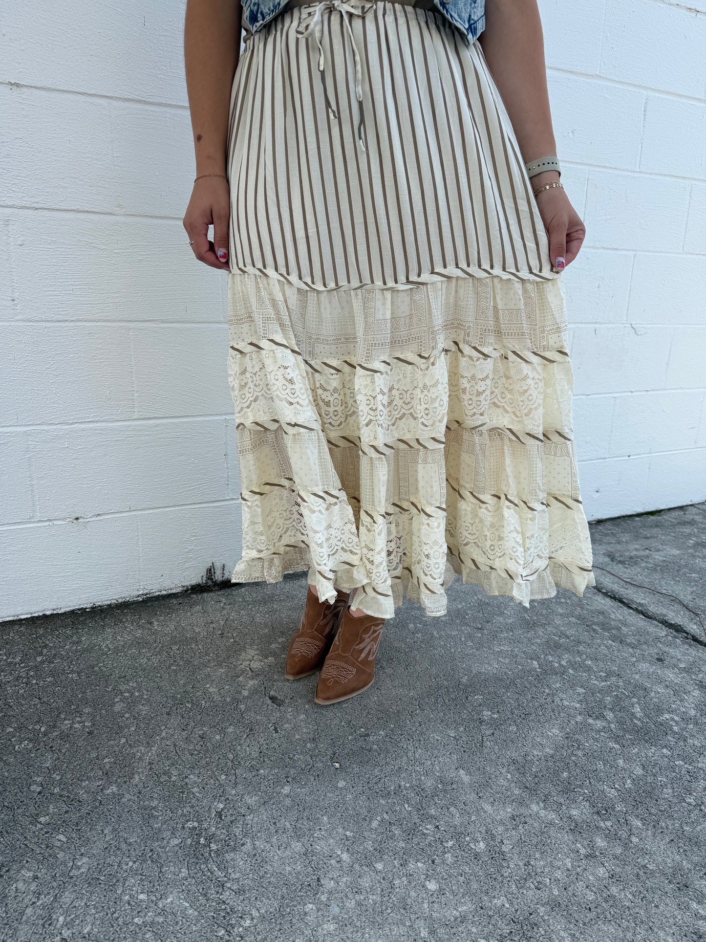 Easel-Taupe and Cream Striped Skirt