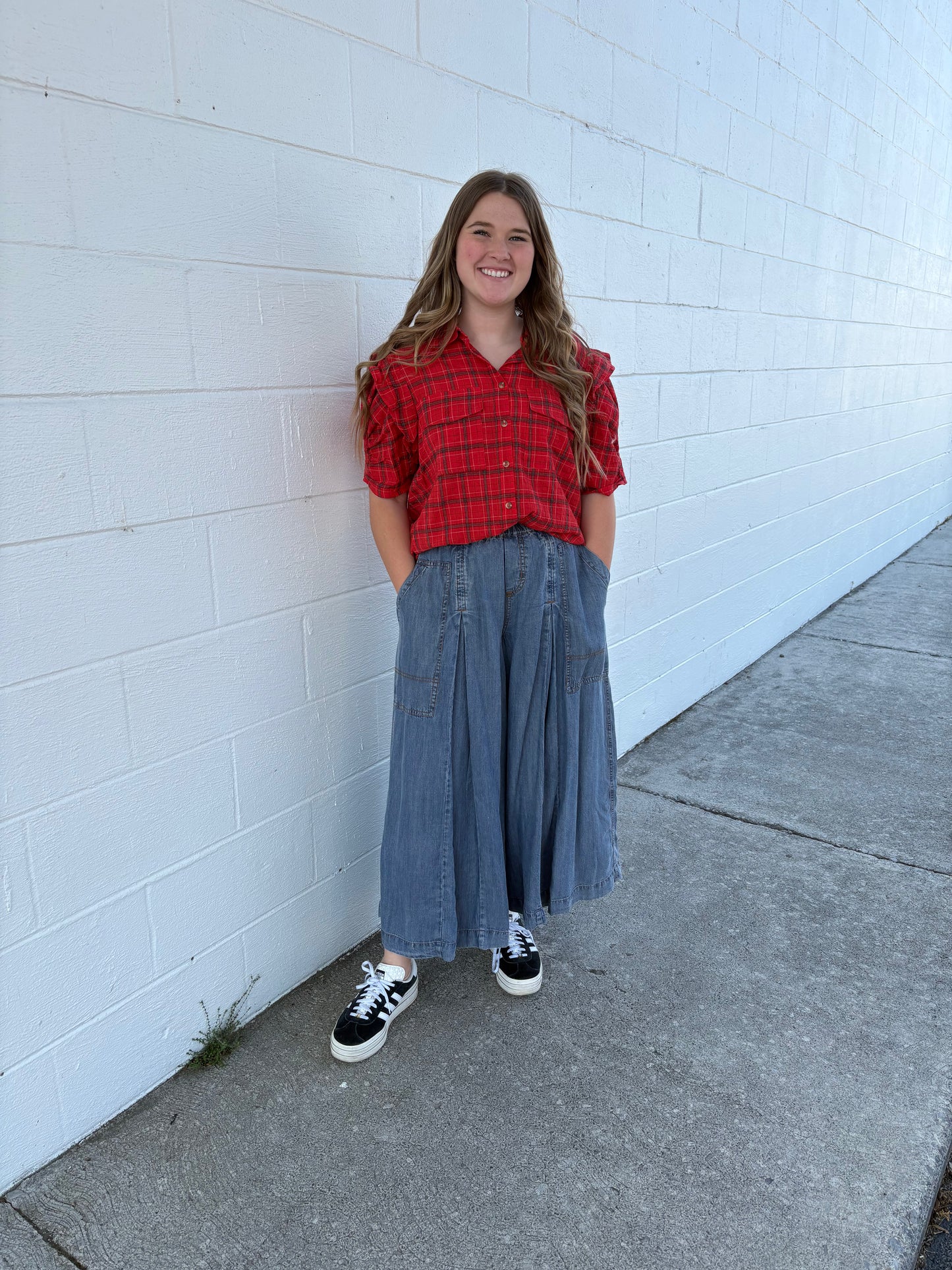 Easel Red Plaid Top