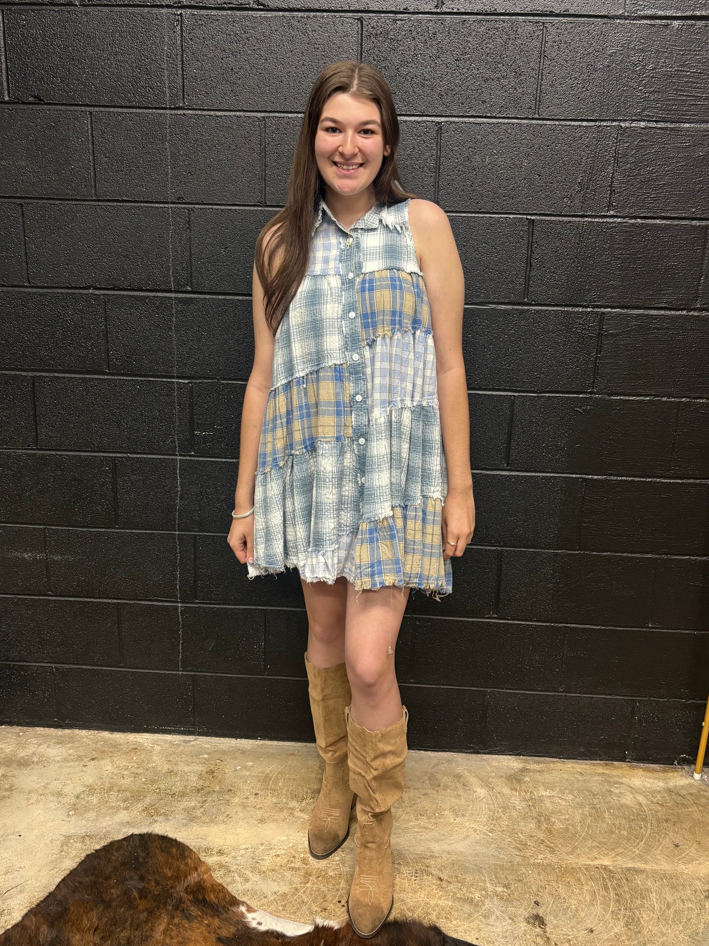 Blue Velvet- Short Blue Patchwork Dress