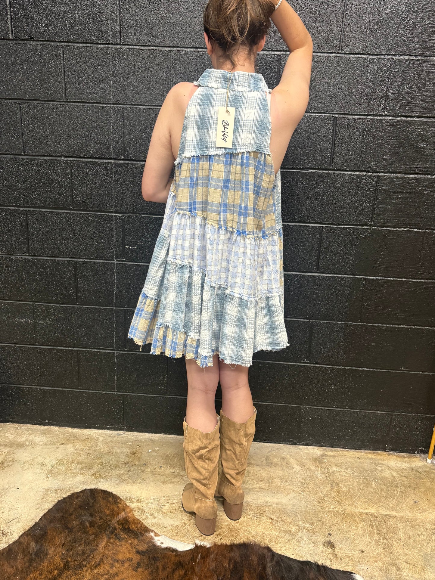 Blue Velvet- Short Blue Patchwork Dress