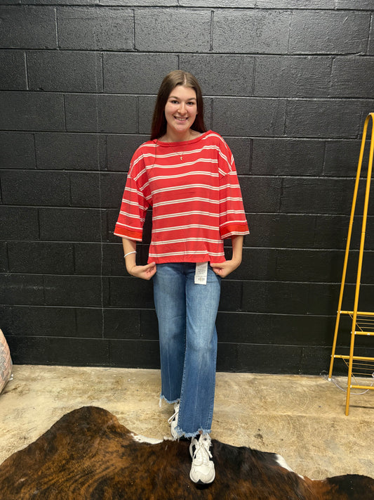 Red/ White Boat Neck Top