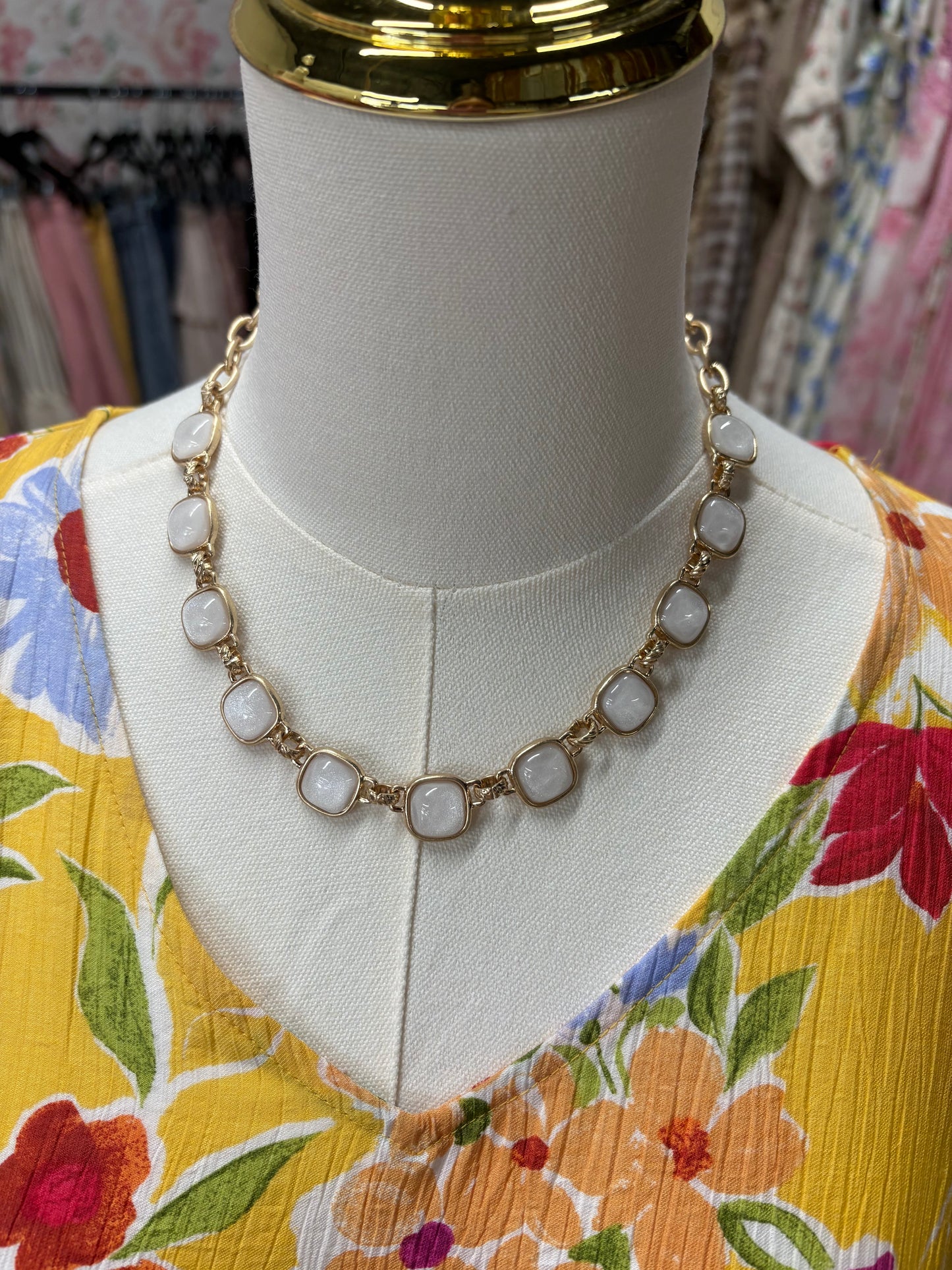 Glass Stone Necklace- White