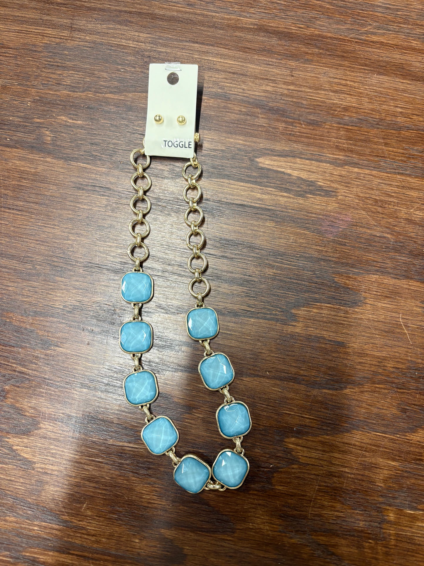 Glass GemStone Necklace- Light Blue with Earrings