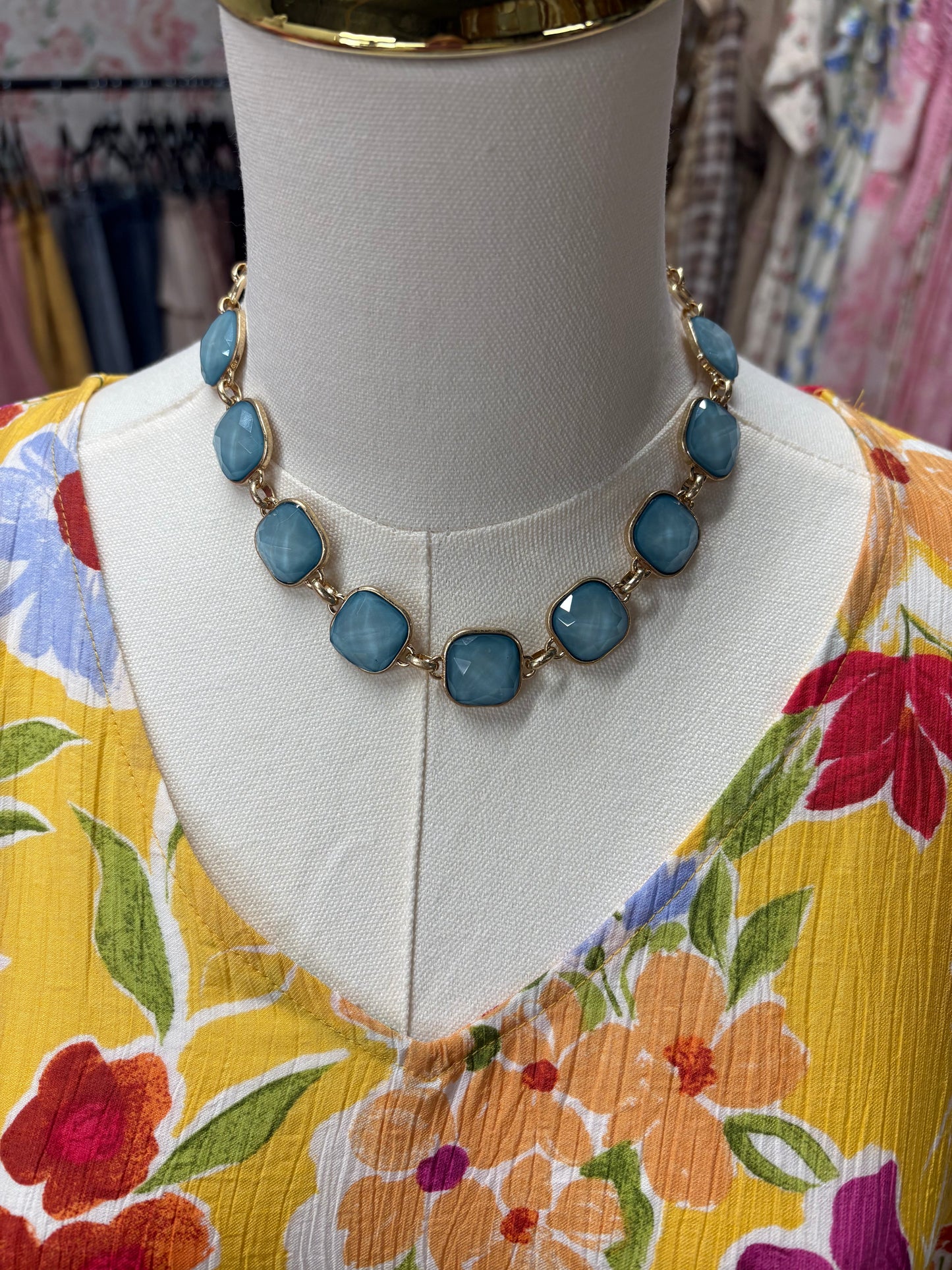 Glass GemStone Necklace- Light Blue with Earrings