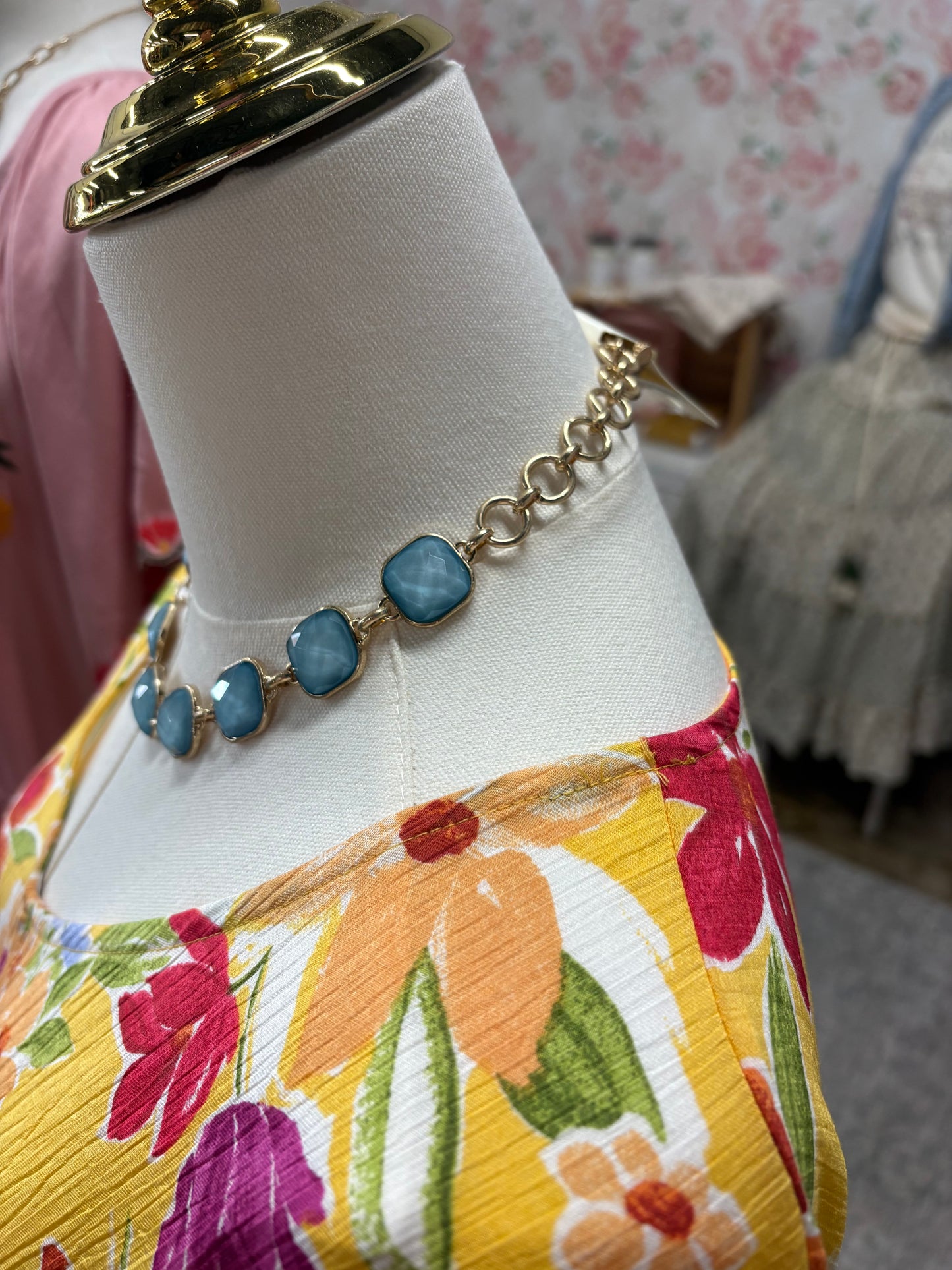 Glass GemStone Necklace- Light Blue with Earrings