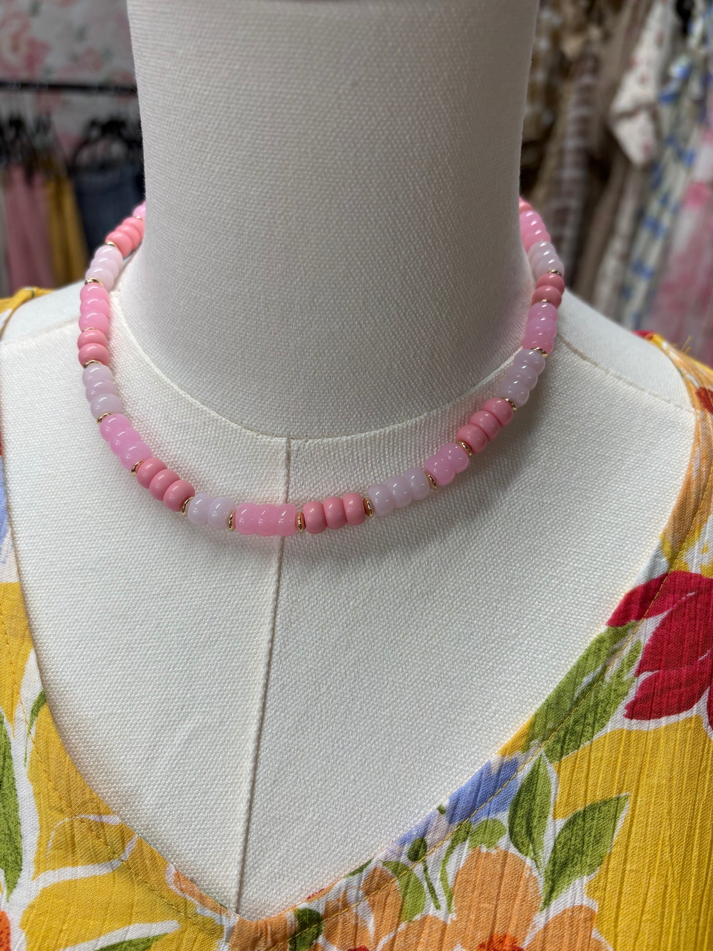 Beaded Pink with Gold Accent Necklace