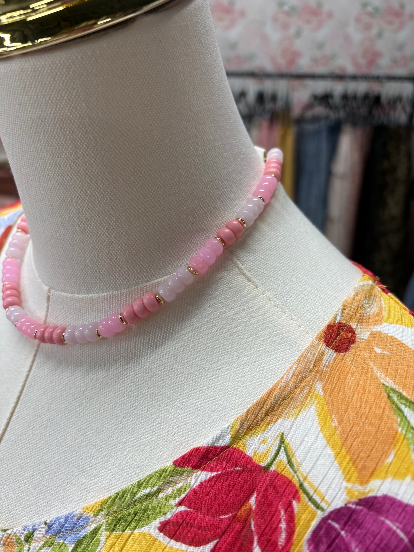 Beaded Pink with Gold Accent Necklace