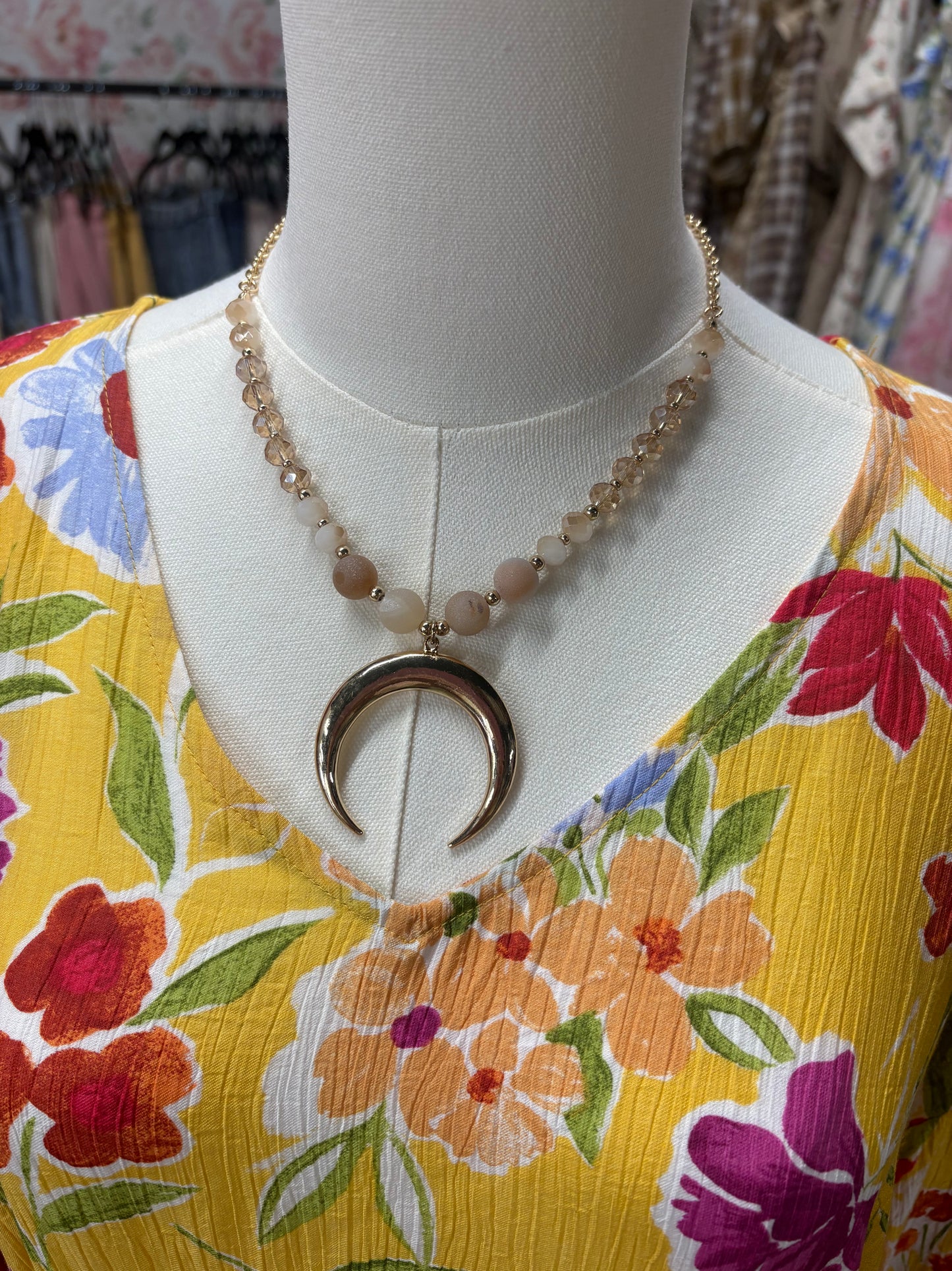 Gold Necklace with Crescent and Matching Earrings