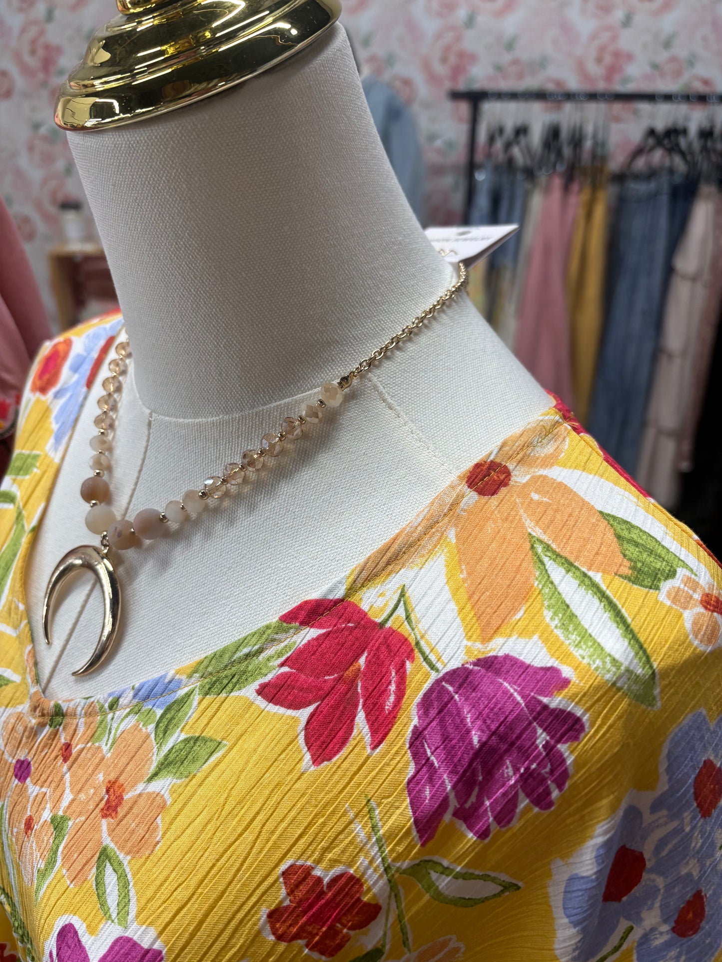 Gold Necklace with Crescent and Matching Earrings