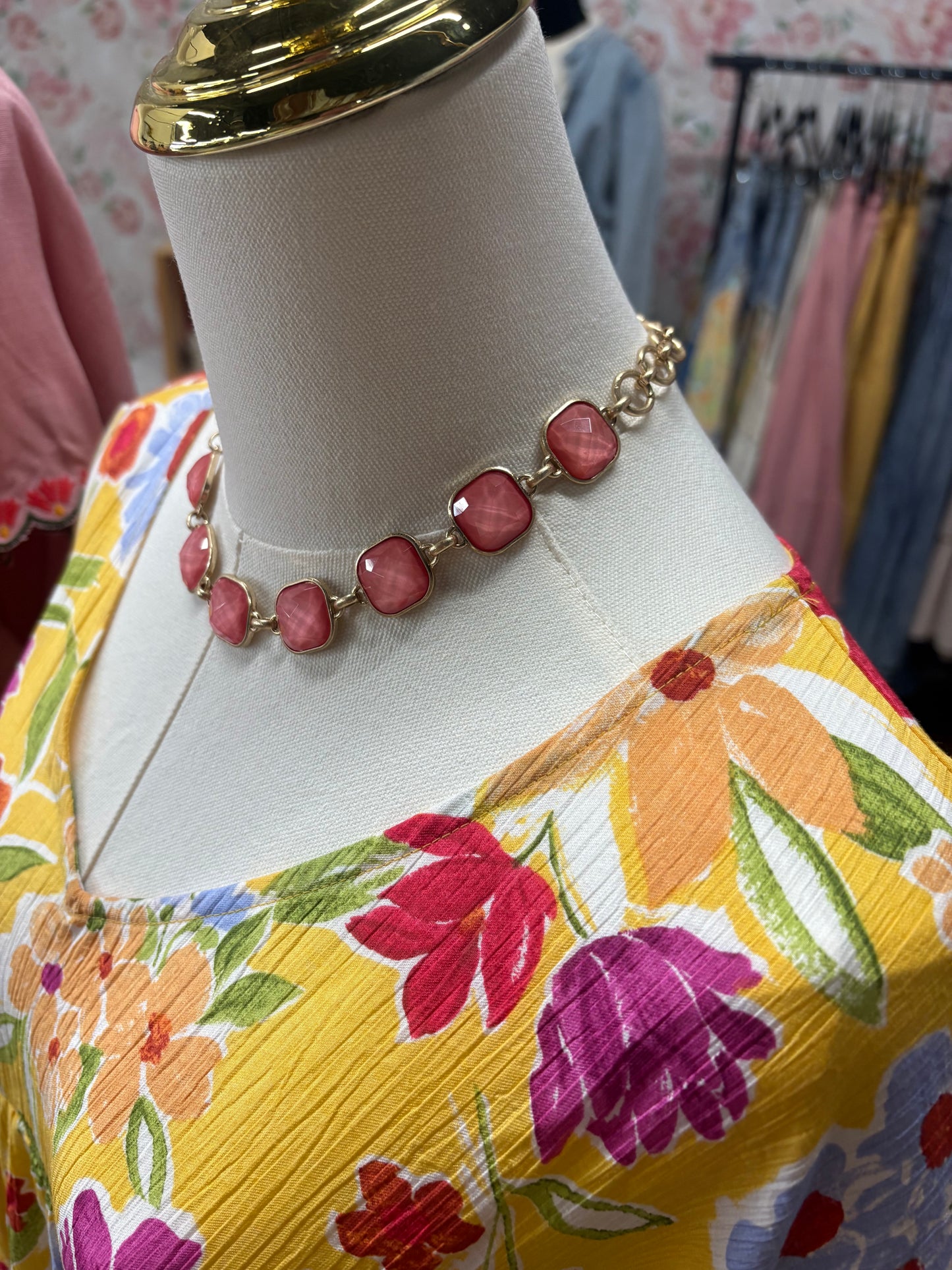 Glass GemStone Necklace- Coral with Earrings