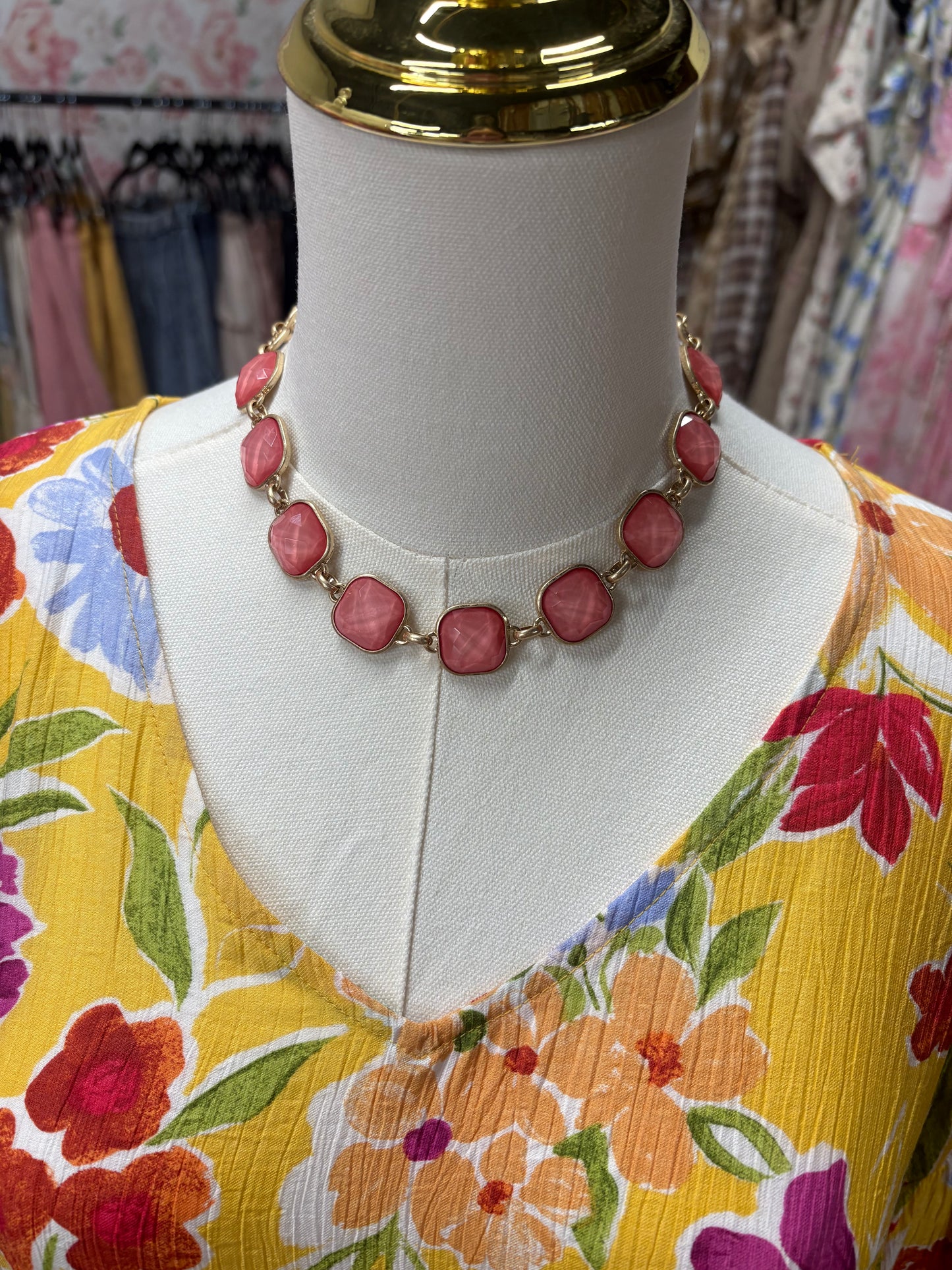 Glass GemStone Necklace- Coral with Earrings