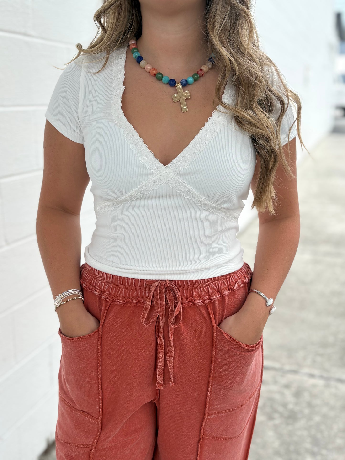 Timing white and lace v neck top