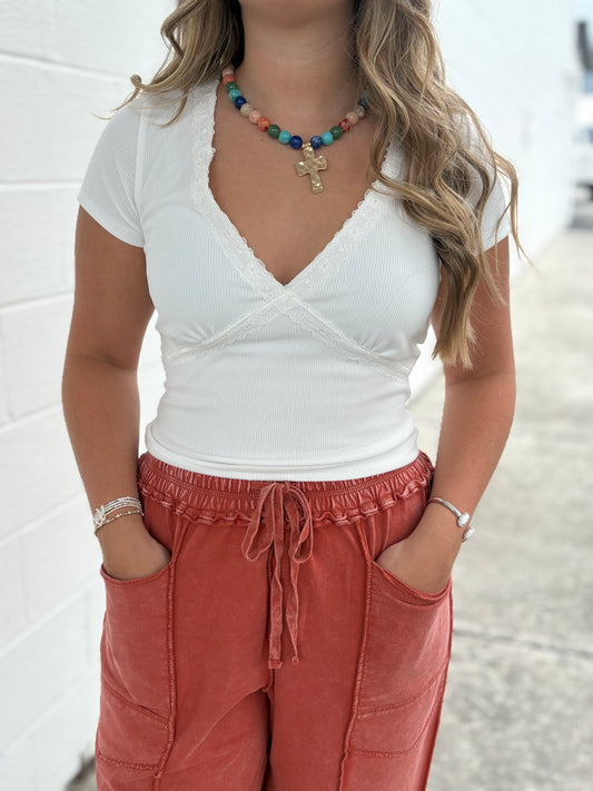 Timing white and lace v neck top