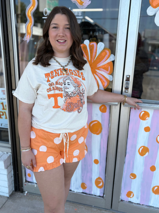 Gameday Ruffle Hem Polka Dot Poplin Shorts